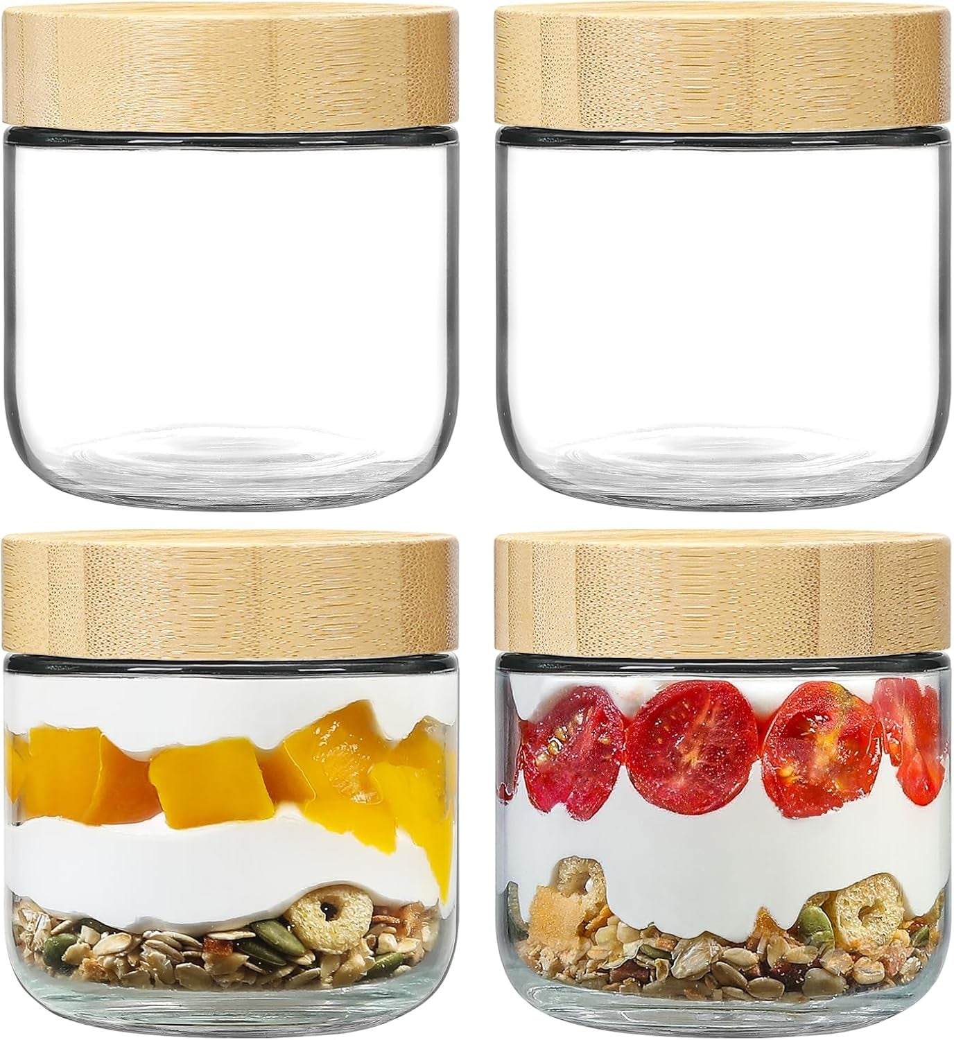 NETANY Set of 4 - 16 oz Glass Jars with Airtight Bamboo Lids for Overnight Oats, Salad Storage, and Food Organization