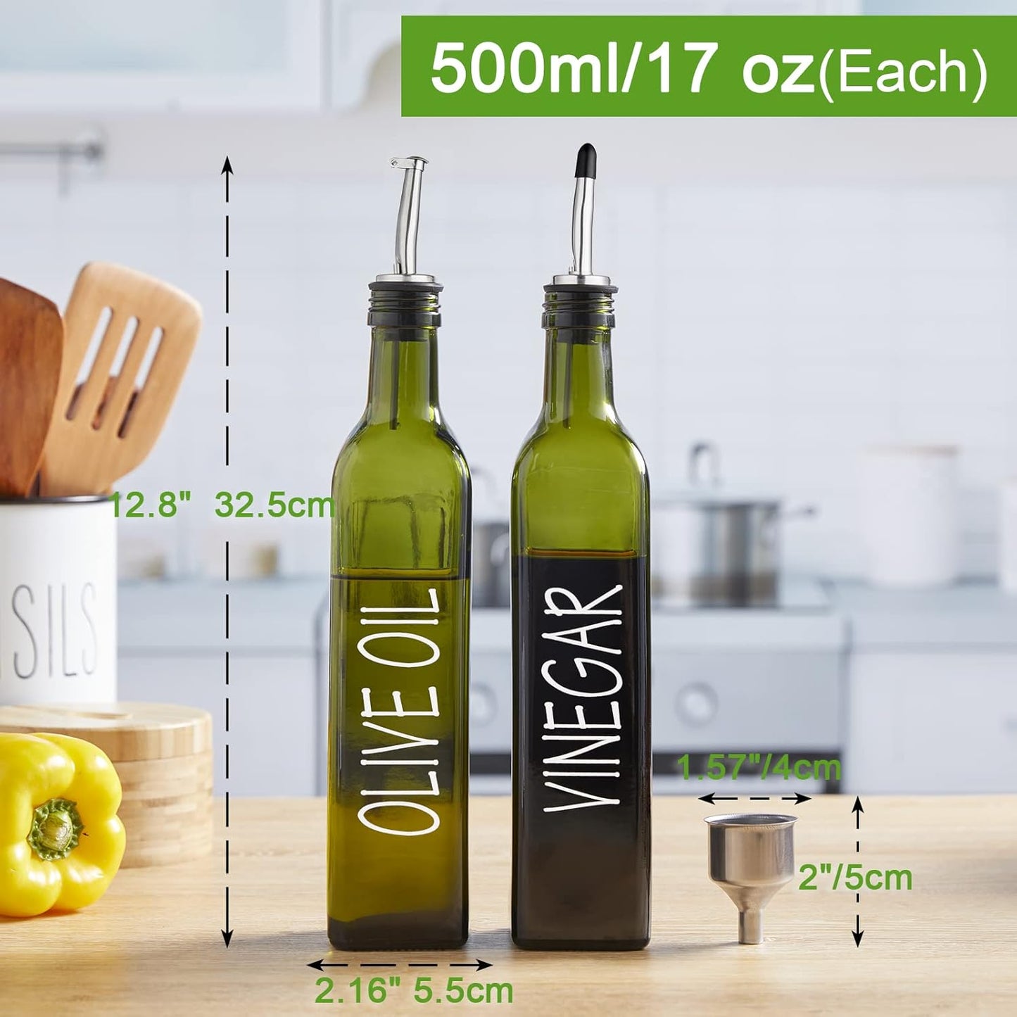 Oil and Vinegar Dispenser Set - 17 oz Glass Olive Oil Bottle with Pourers, Funnel, and Sealed Cap in Dark Green for Kitchen and Farmhouse Use