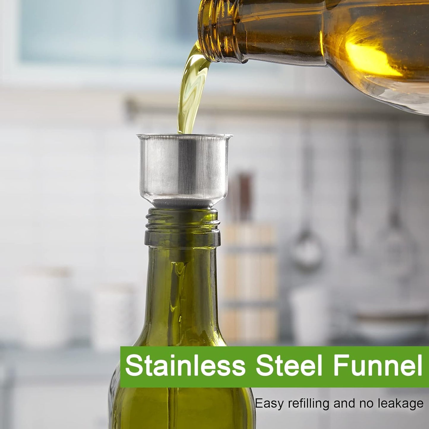 Oil and Vinegar Dispenser Set - 17 oz Glass Olive Oil Bottle with Pourers, Funnel, and Sealed Cap in Dark Green for Kitchen and Farmhouse Use