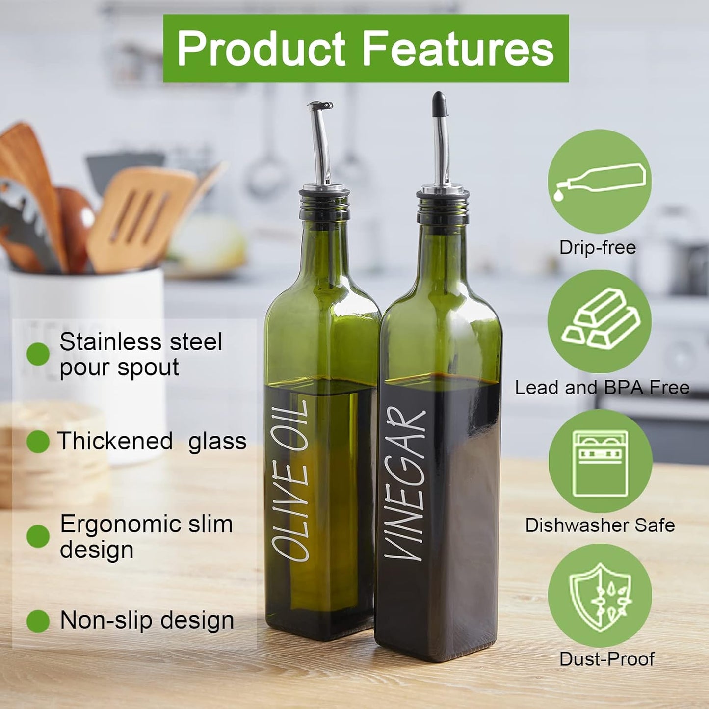 Oil and Vinegar Dispenser Set - 17 oz Glass Olive Oil Bottle with Pourers, Funnel, and Sealed Cap in Dark Green for Kitchen and Farmhouse Use