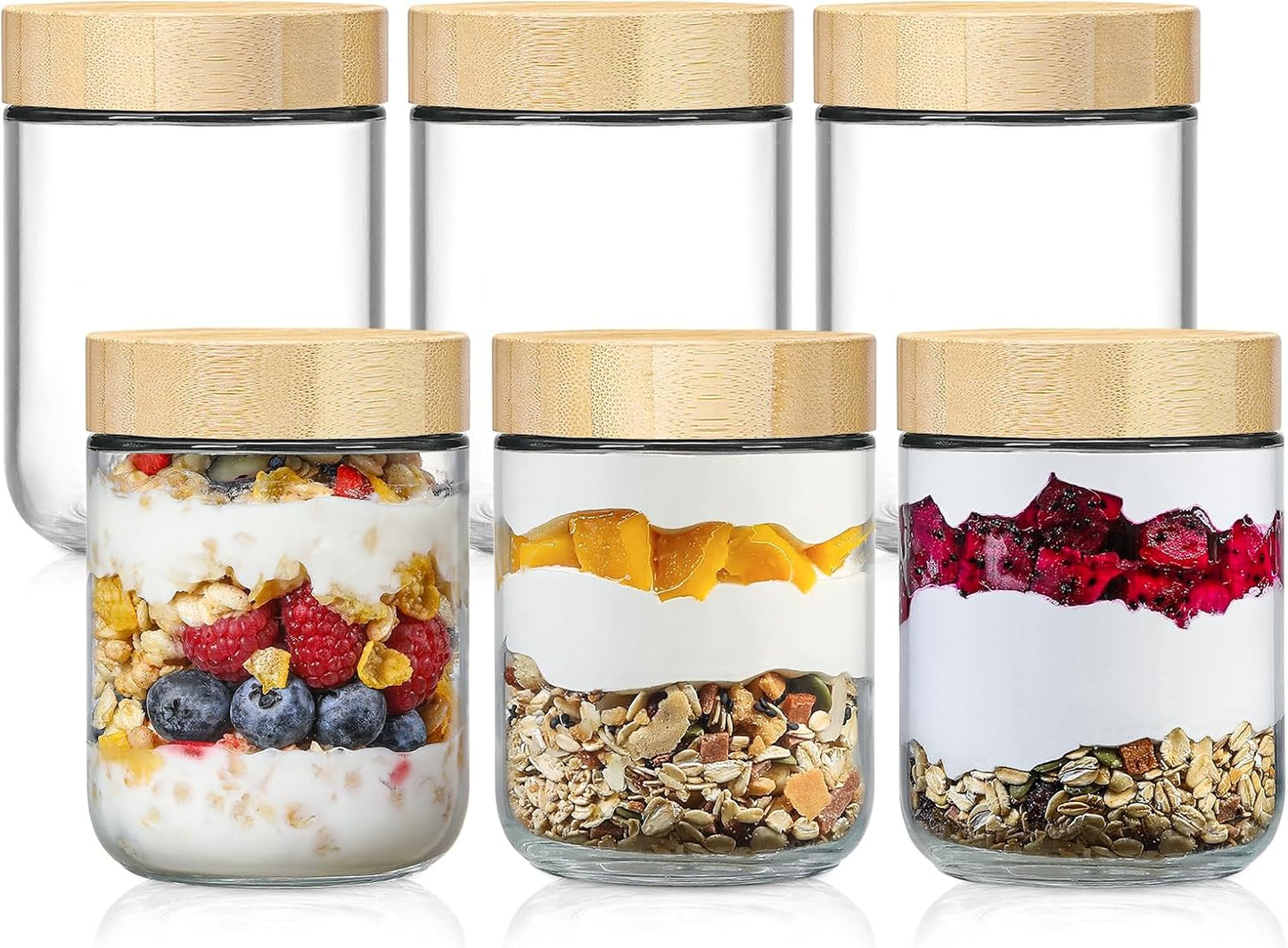 NETANY Set of 4 - 16 oz Glass Jars with Airtight Bamboo Lids for Overnight Oats, Salad Storage, and Food Organization
