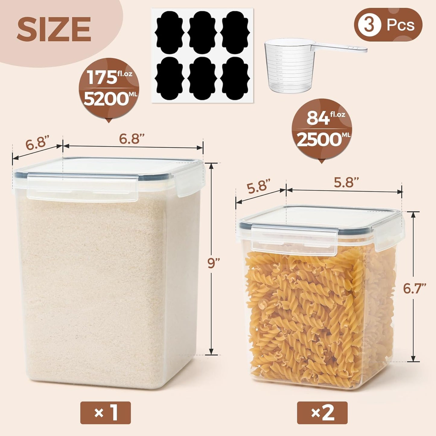 Comsaf Airtight Food Storage Container Set - 3-Piece (5.2L & 2 x 2.5L) Plastic Canisters for Kitchen and Pantry Organization, Ideal for Flour, Sugar, Rice, and Baking Supplies