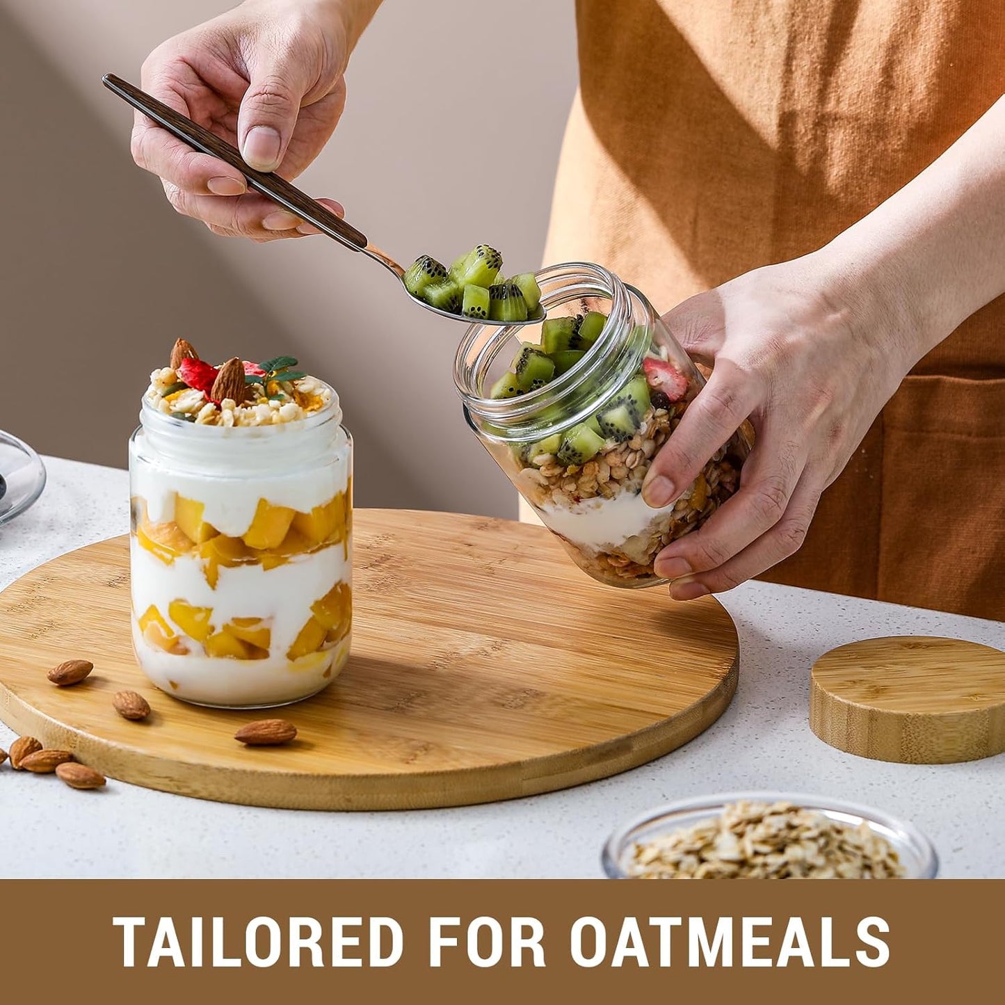 NETANY Set of 4 - 16 oz Glass Jars with Airtight Bamboo Lids for Overnight Oats, Salad Storage, and Food Organization