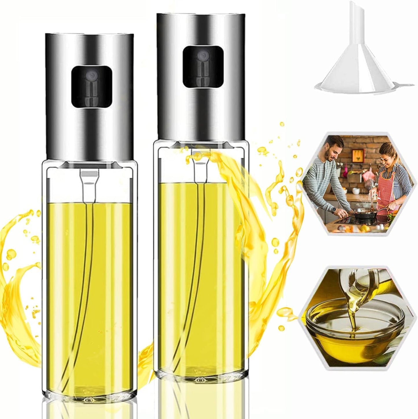 Professional Olive Oil Sprayer Set - 2-Pack 100ml Glass Dispensers with Funnel for Cooking, Air Frying, BBQ, Salad, Baking, Roasting, and Grilling