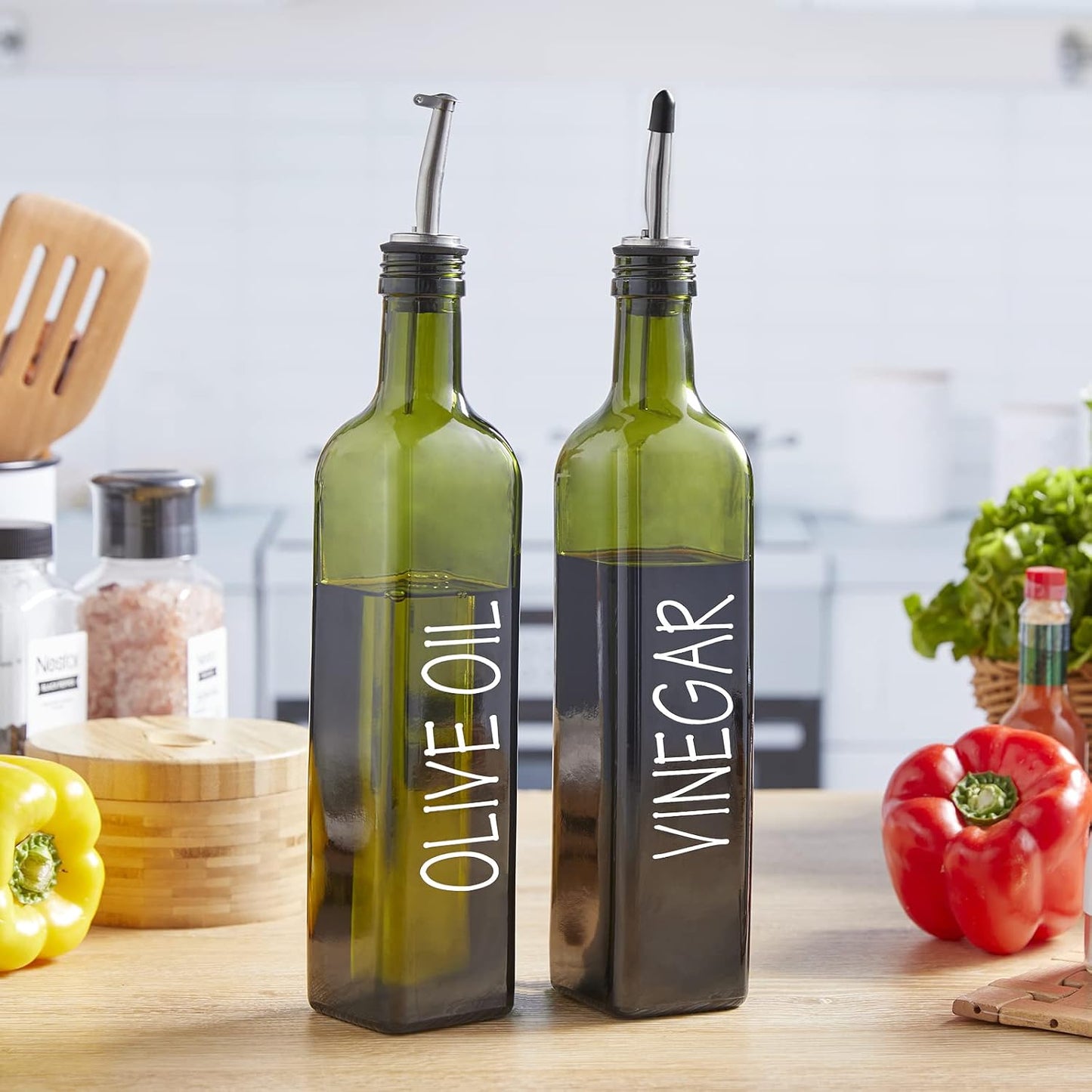 Oil and Vinegar Dispenser Set - 17 oz Glass Olive Oil Bottle with Pourers, Funnel, and Sealed Cap in Dark Green for Kitchen and Farmhouse Use