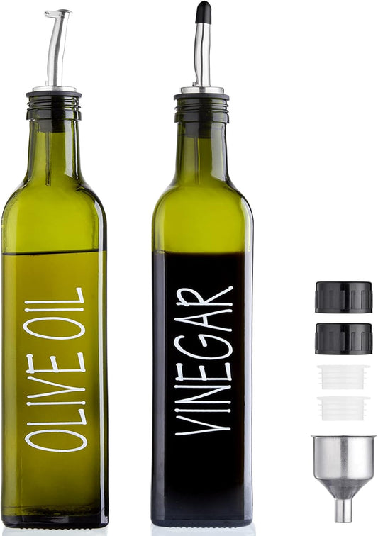 Oil and Vinegar Dispenser Set - 17 oz Glass Olive Oil Bottle with Pourers, Funnel, and Sealed Cap in Dark Green for Kitchen and Farmhouse Use