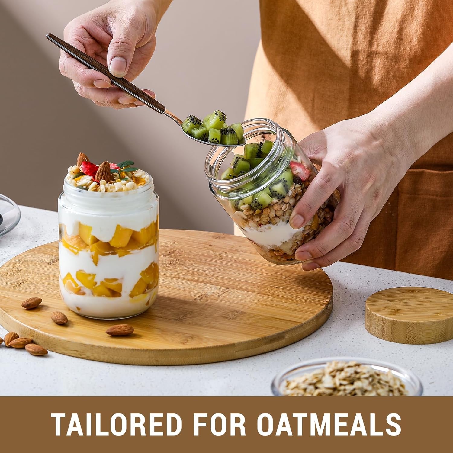 NETANY Set of 4 - 16 oz Glass Jars with Airtight Bamboo Lids for Overnight Oats, Salad Storage, and Food Organization