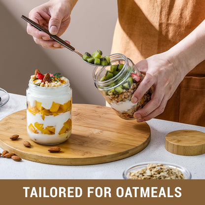 NETANY Set of 4 - 16 oz Glass Jars with Airtight Bamboo Lids for Overnight Oats, Salad Storage, and Food Organization