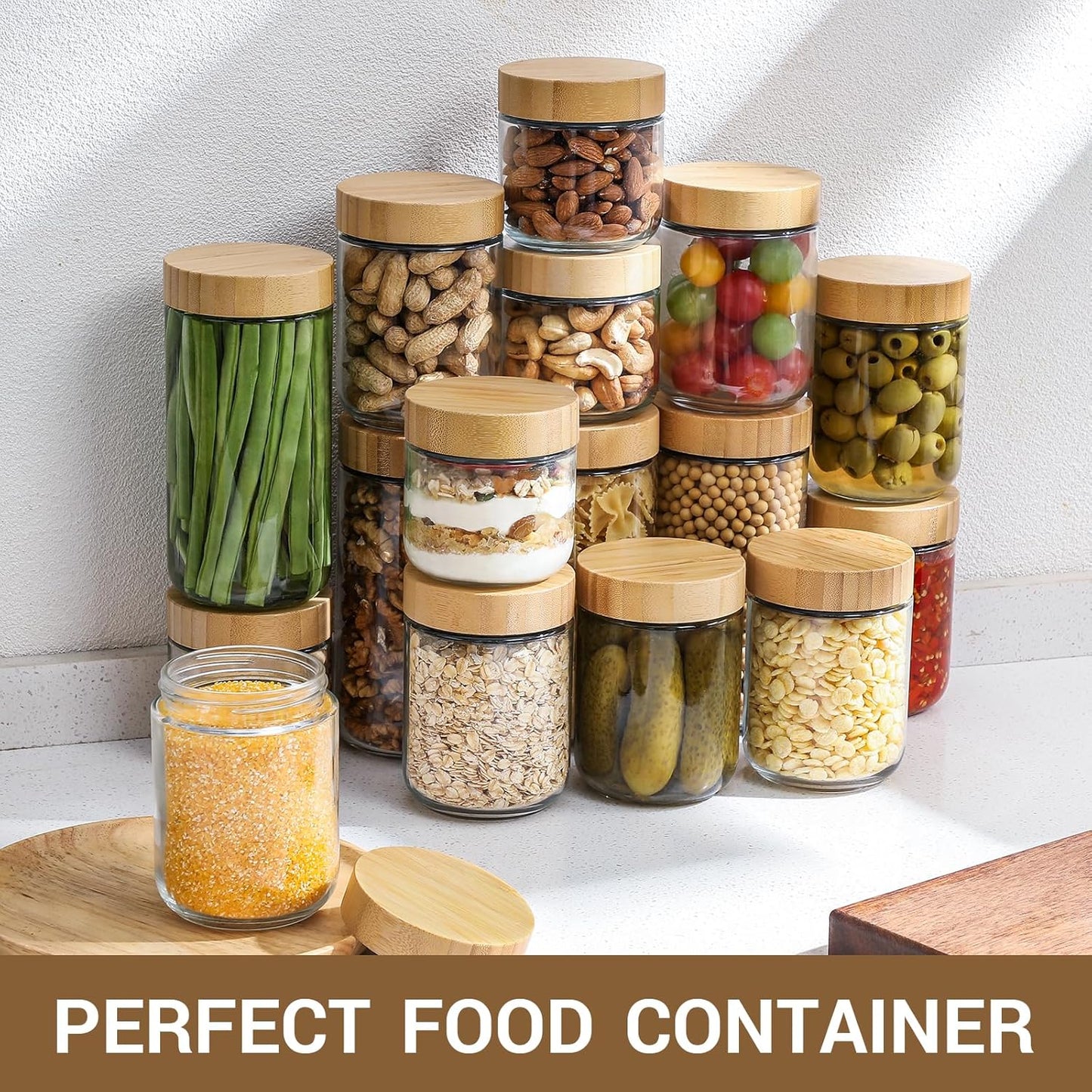NETANY Set of 4 - 16 oz Glass Jars with Airtight Bamboo Lids for Overnight Oats, Salad Storage, and Food Organization