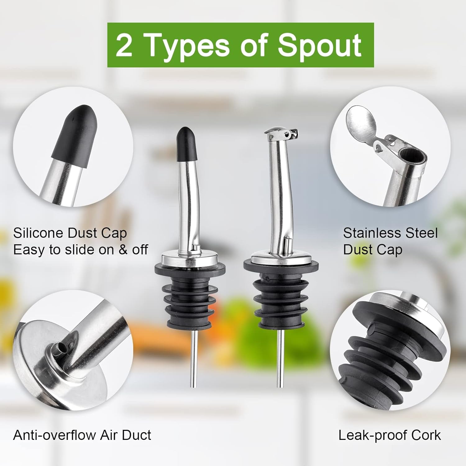 Oil and Vinegar Dispenser Set - 17 oz Glass Olive Oil Bottle with Pourers, Funnel, and Sealed Cap in Dark Green for Kitchen and Farmhouse Use