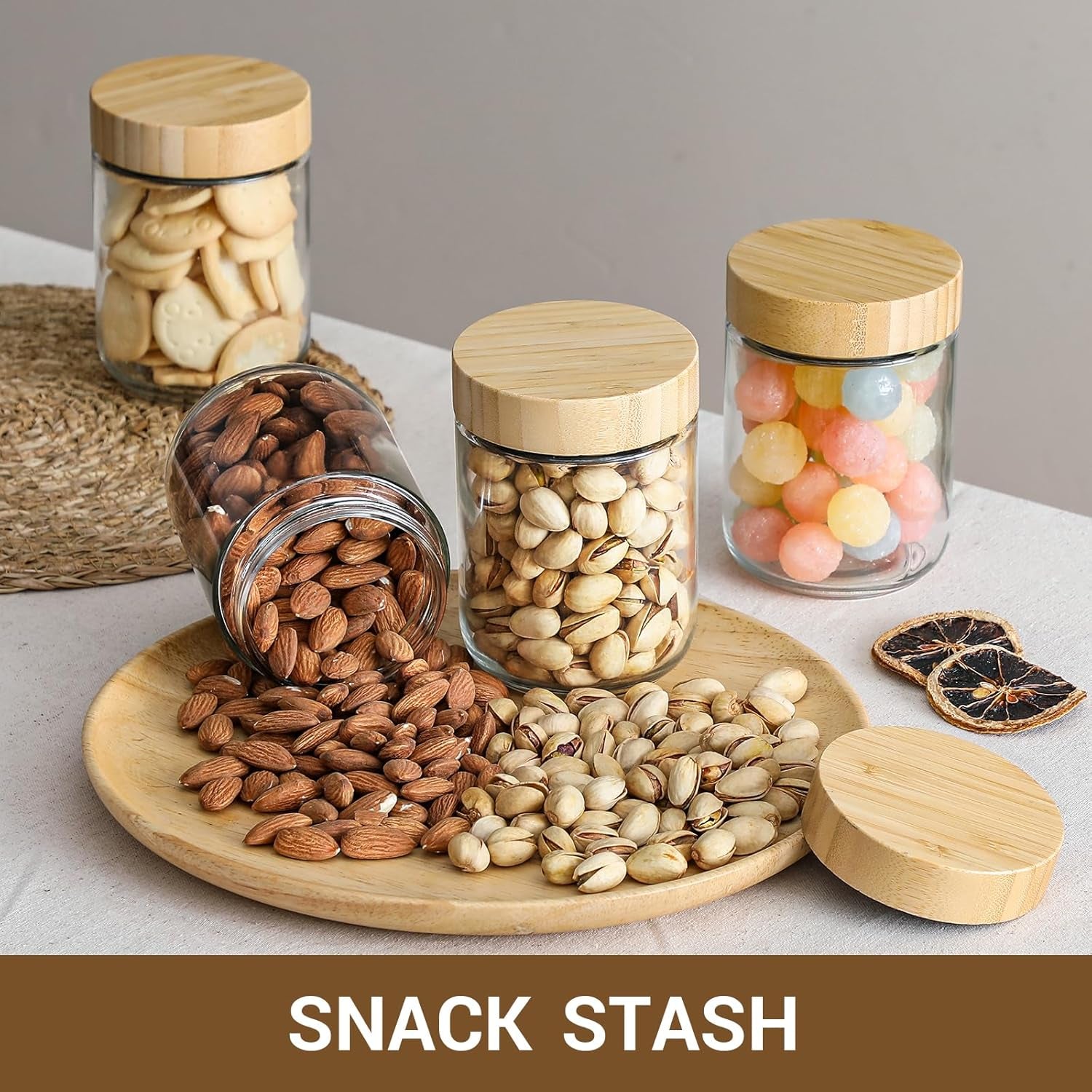 NETANY Set of 4 - 16 oz Glass Jars with Airtight Bamboo Lids for Overnight Oats, Salad Storage, and Food Organization
