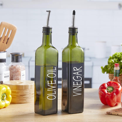 Oil and Vinegar Dispenser Set - 17 oz Glass Olive Oil Bottle with Pourers, Funnel, and Sealed Cap in Dark Green for Kitchen and Farmhouse Use