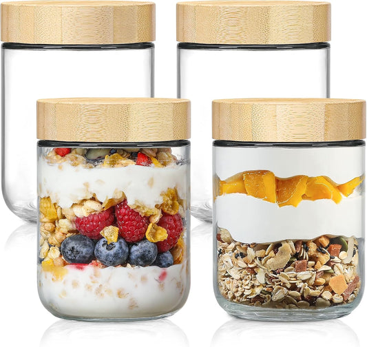 NETANY Set of 4 - 16 oz Glass Jars with Airtight Bamboo Lids for Overnight Oats, Salad Storage, and Food Organization