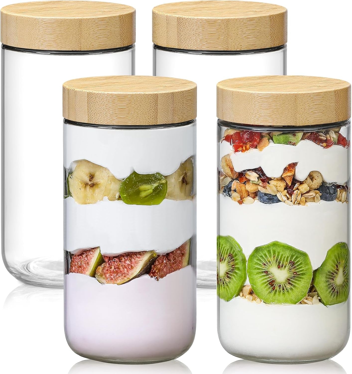 NETANY Set of 4 - 16 oz Glass Jars with Airtight Bamboo Lids for Overnight Oats, Salad Storage, and Food Organization